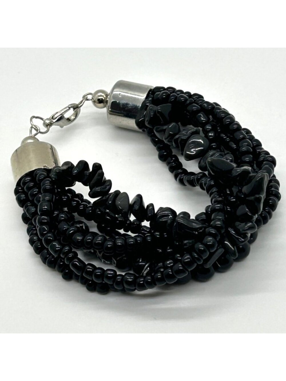 Chunky Black Beaded Multi-Strand Bracelet With Silver-Tone Boho Gothic Statement